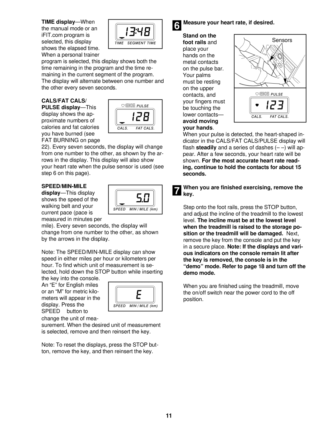 ProForm 831.299464 user manual CALS/FAT Cals, Speed/Min-Mile 