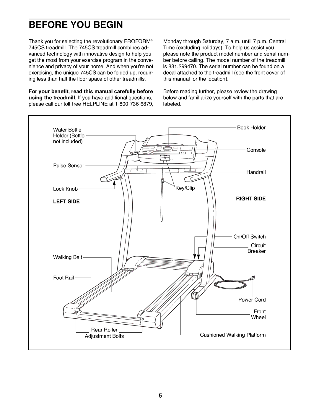 ProForm 831.299470 user manual Before YOU Begin, Left Side, Right Side 