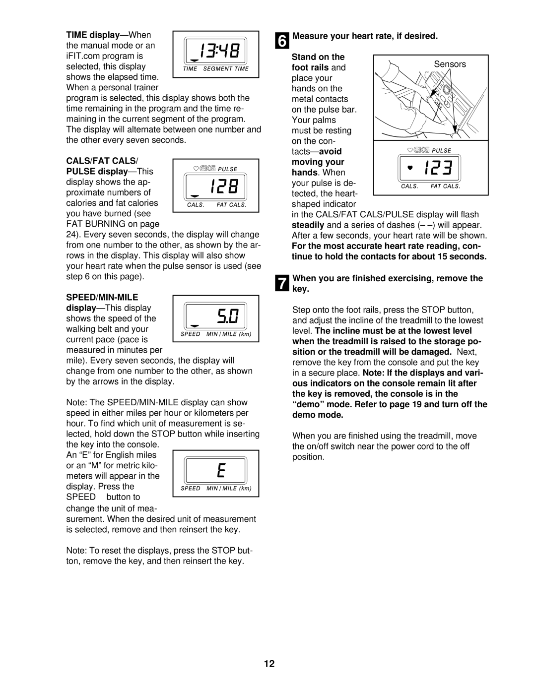 ProForm 831.299473 user manual CALS/FAT Cals, Speed/Min-Mile 