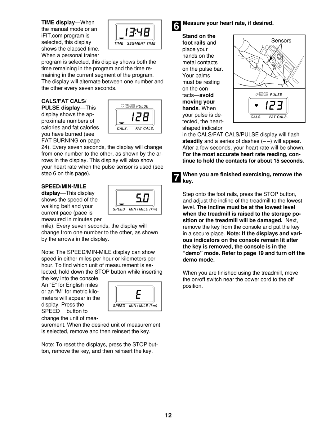 ProForm 831.299474 user manual CALS/FAT Cals, Speed/Min-Mile 