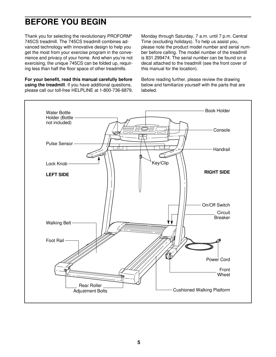 ProForm 831.299474 user manual Before YOU Begin, Left Side, Right Side 