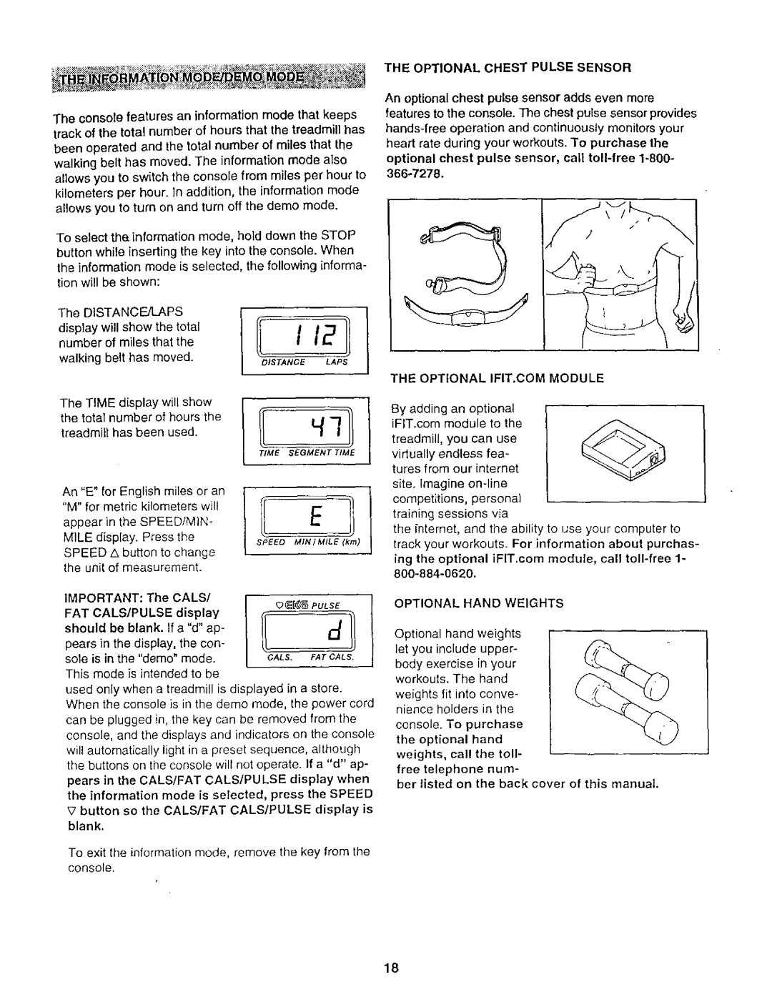 ProForm 831.29948 user manual Optional Chest Pulse Sensor, Optional Hand Weights 