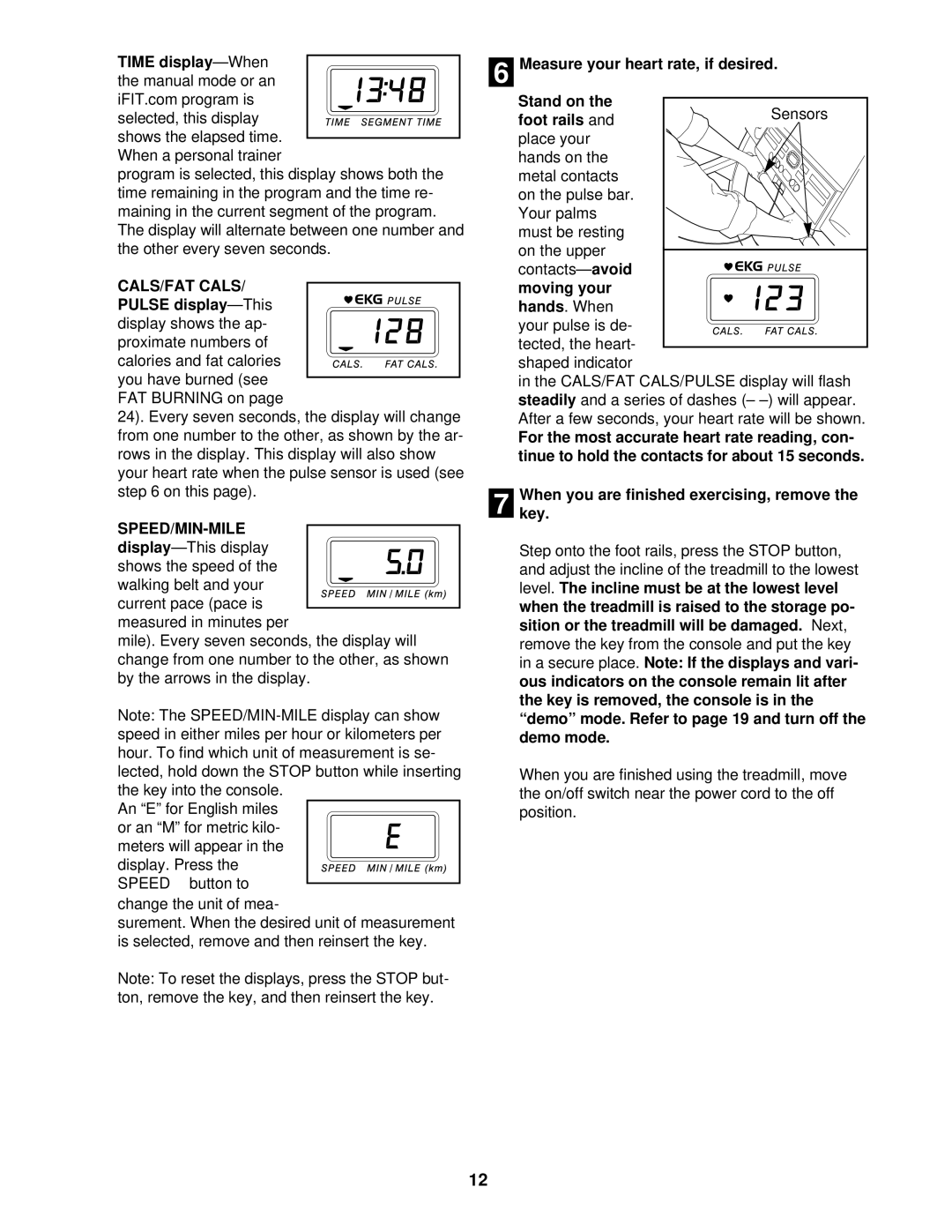 ProForm 831.299483 user manual CALS/FAT Cals, Speed/Min-Mile 