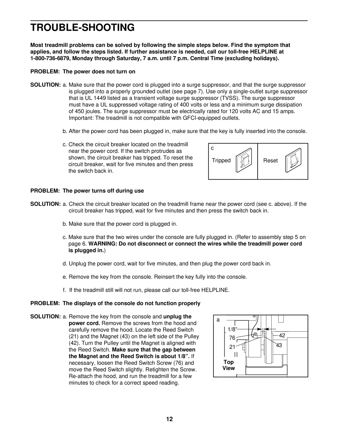 ProForm 831.299520 user manual Trouble-Shooting, Problem The power turns off during use, Top 