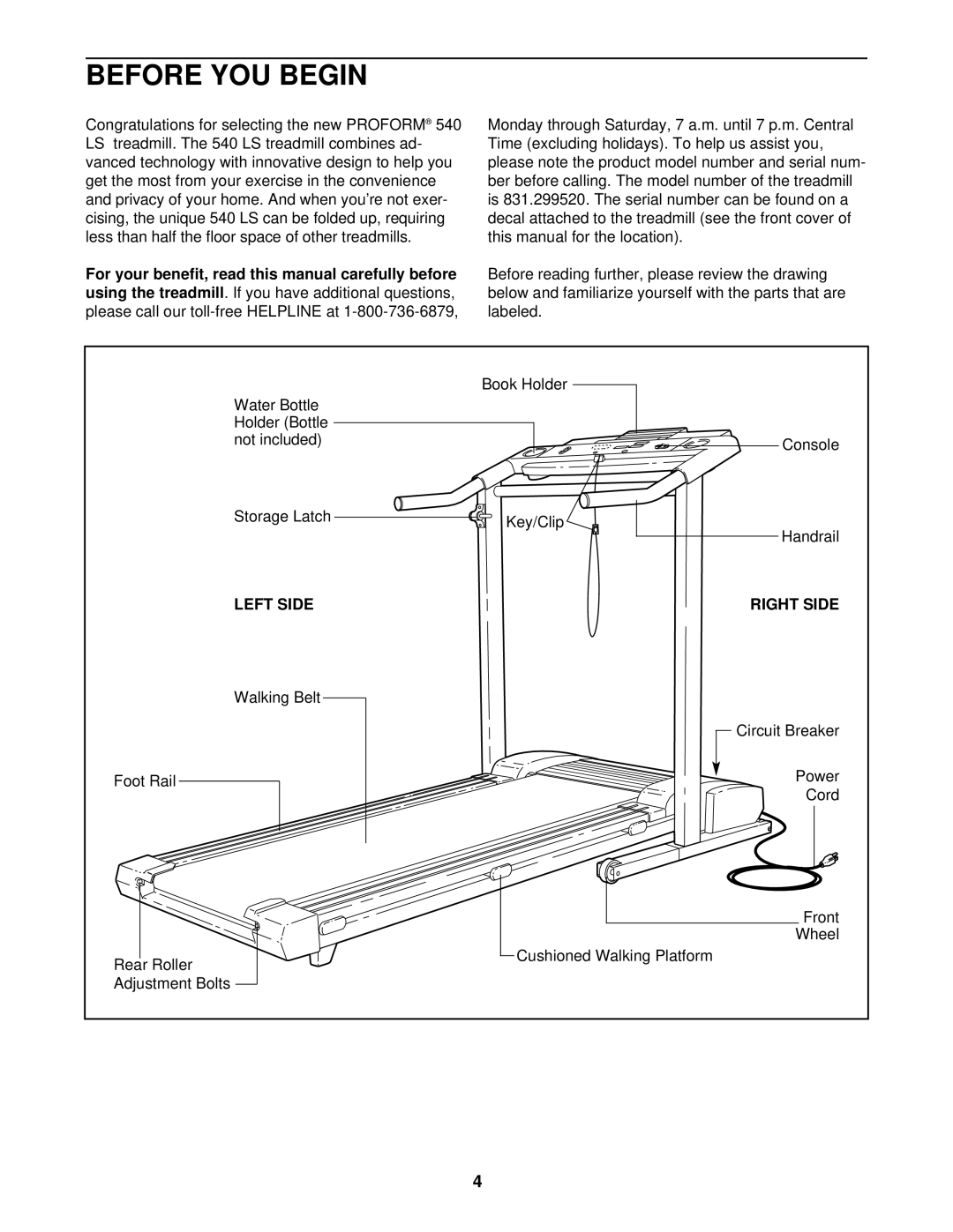 ProForm 831.299520 user manual Before YOU Begin, Left Side Right Side 