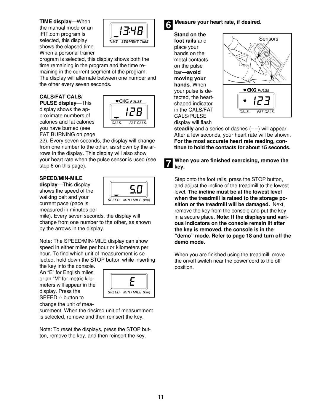 ProForm 831.299560 user manual CALS/FAT Cals, Speed/Min-Mile 