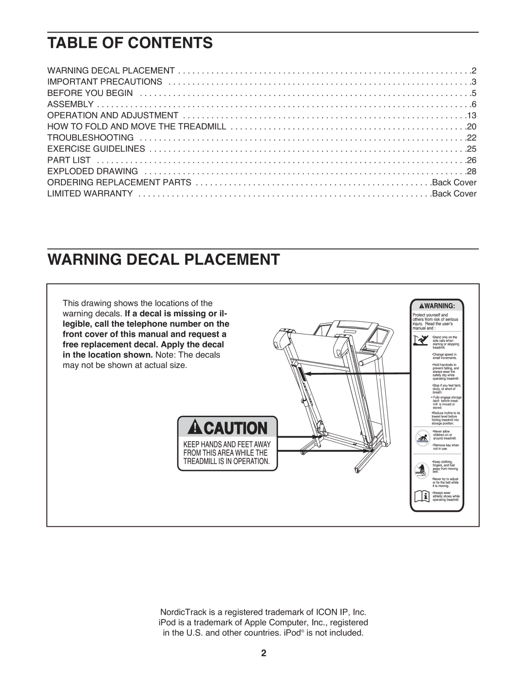 ProForm 8.5 ZT warranty Table of Contents 