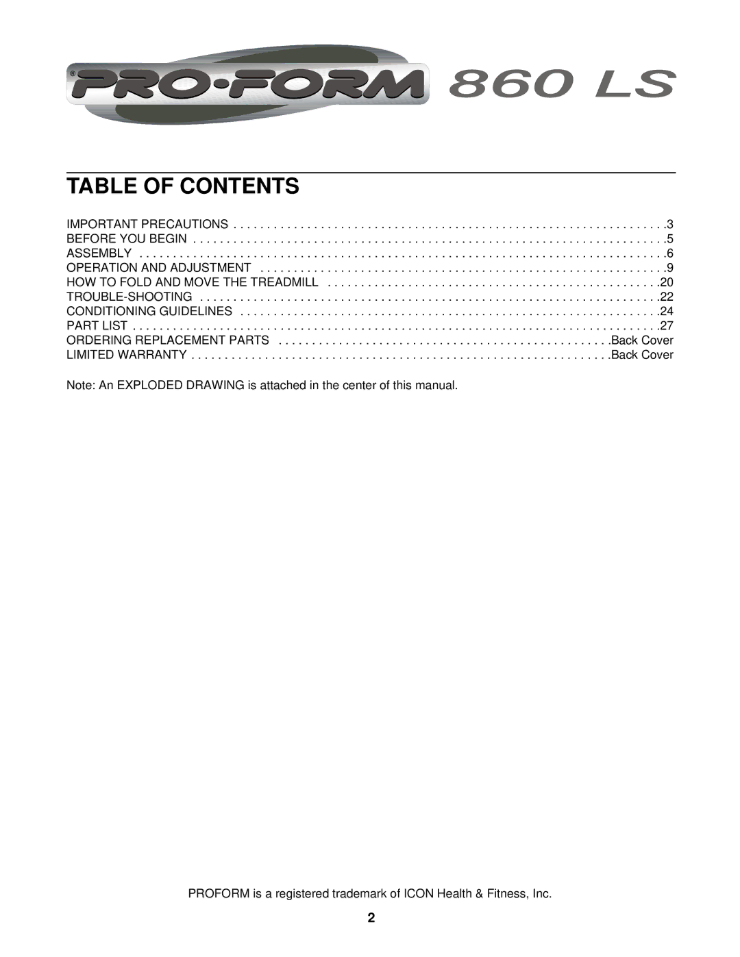 ProForm 860 LS user manual Table of Contents 