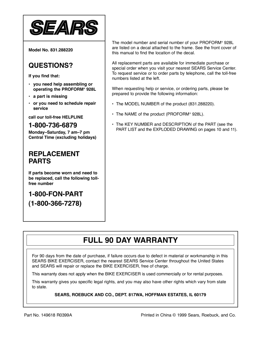 ProForm 928L manual Full 90 DAY Warranty, Model No, SEARS, Roebuck and CO., Dept WA, Hoffman ESTATES, IL 