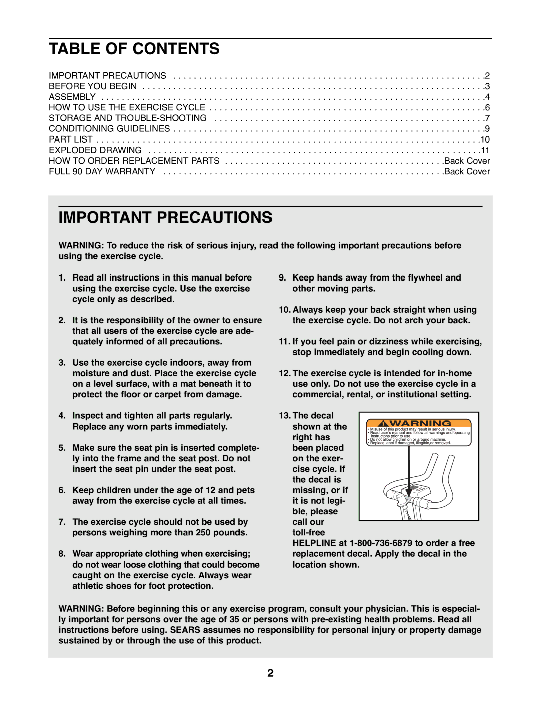 ProForm 928L manual Table of Contents, Important Precautions 