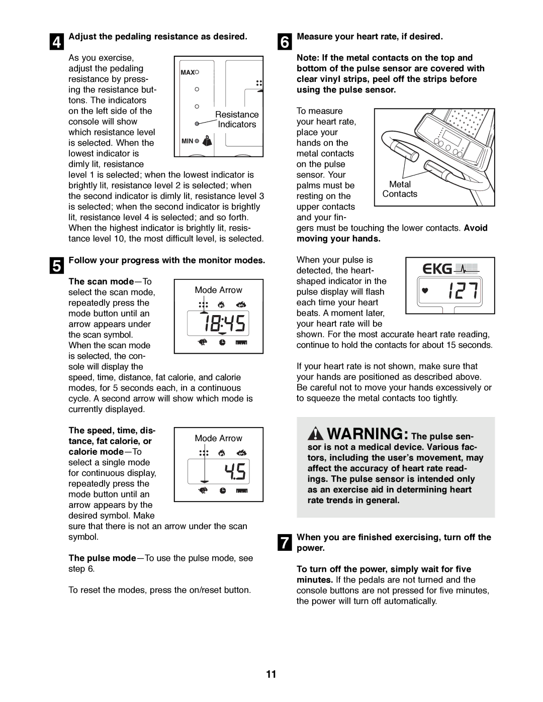 ProForm 985 Rt user manual Adjust the pedaling resistance as desired, Measure your heart rate, if desired 