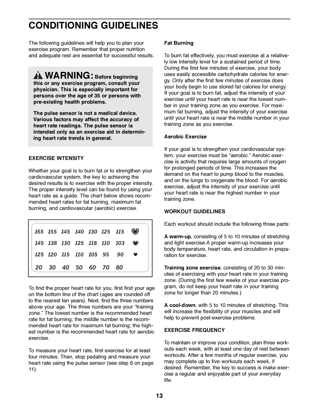 ProForm 985 Rt user manual Conditioning Guidelines, Exercise Intensity, Workout Guidelines, Exercise Frequency 