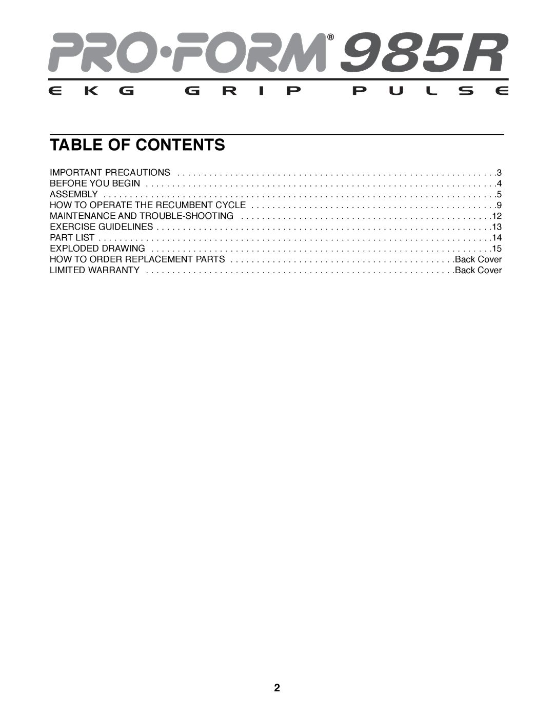 ProForm 985 Rt user manual Table of Contents 