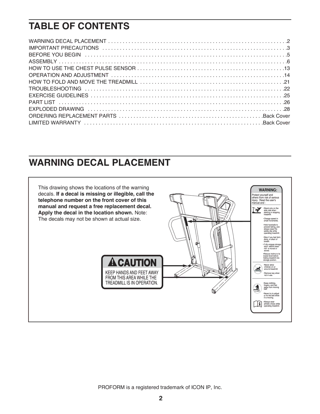 ProForm 985 user manual Table of Contents 