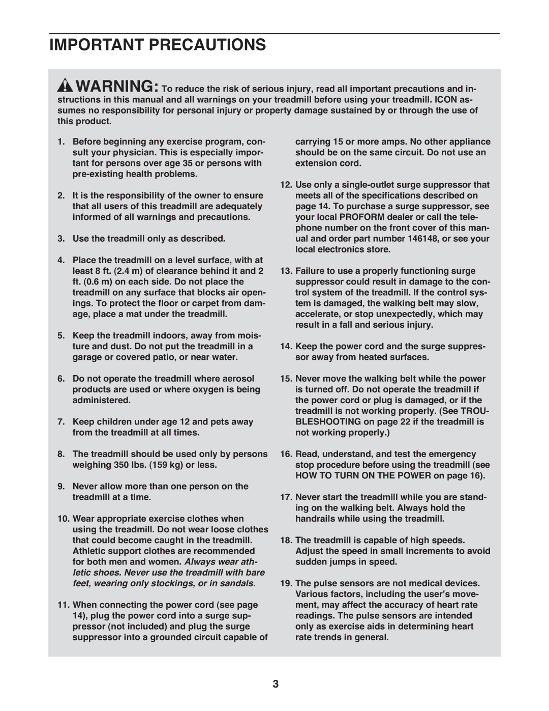 ProForm 985 user manual Important Precautions, Pulse sensors are not medical devices 