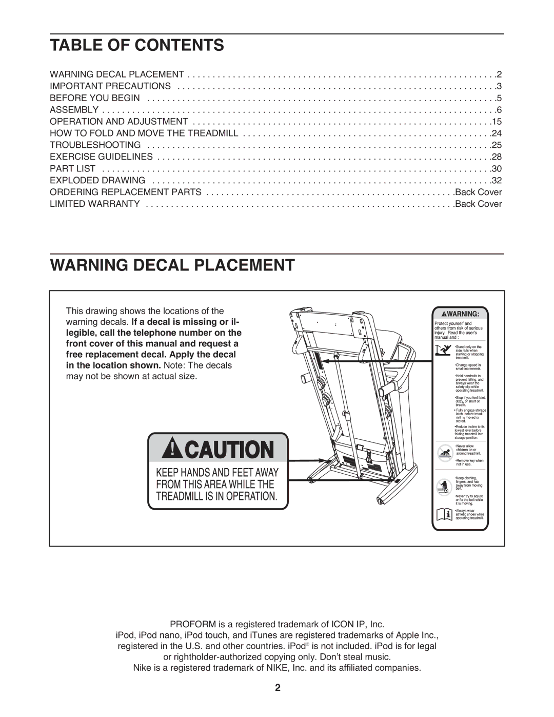 ProForm 995 warranty Table of Contents 