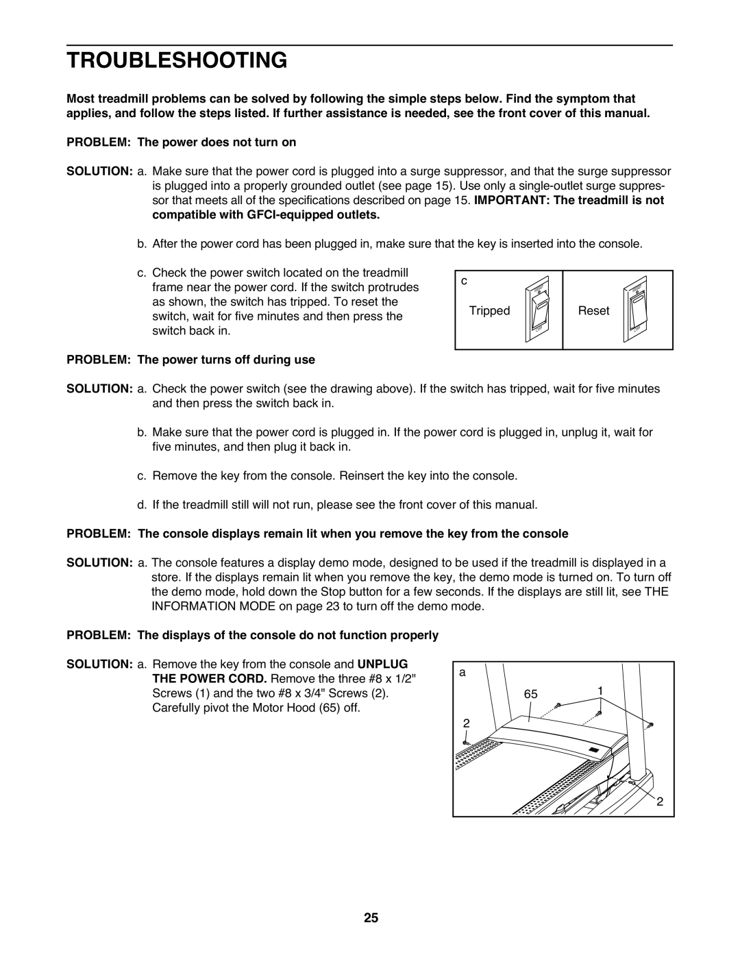 ProForm 995 warranty Troubleshooting, Compatible with GFCI-equipped outlets, Problem The power turns off during use 