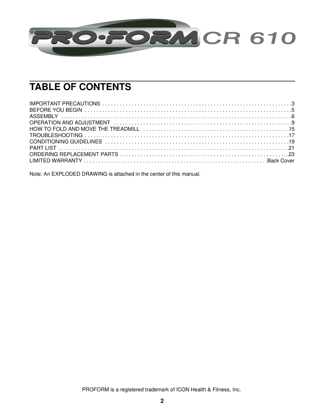 ProForm CR 610 user manual Table of Contents 