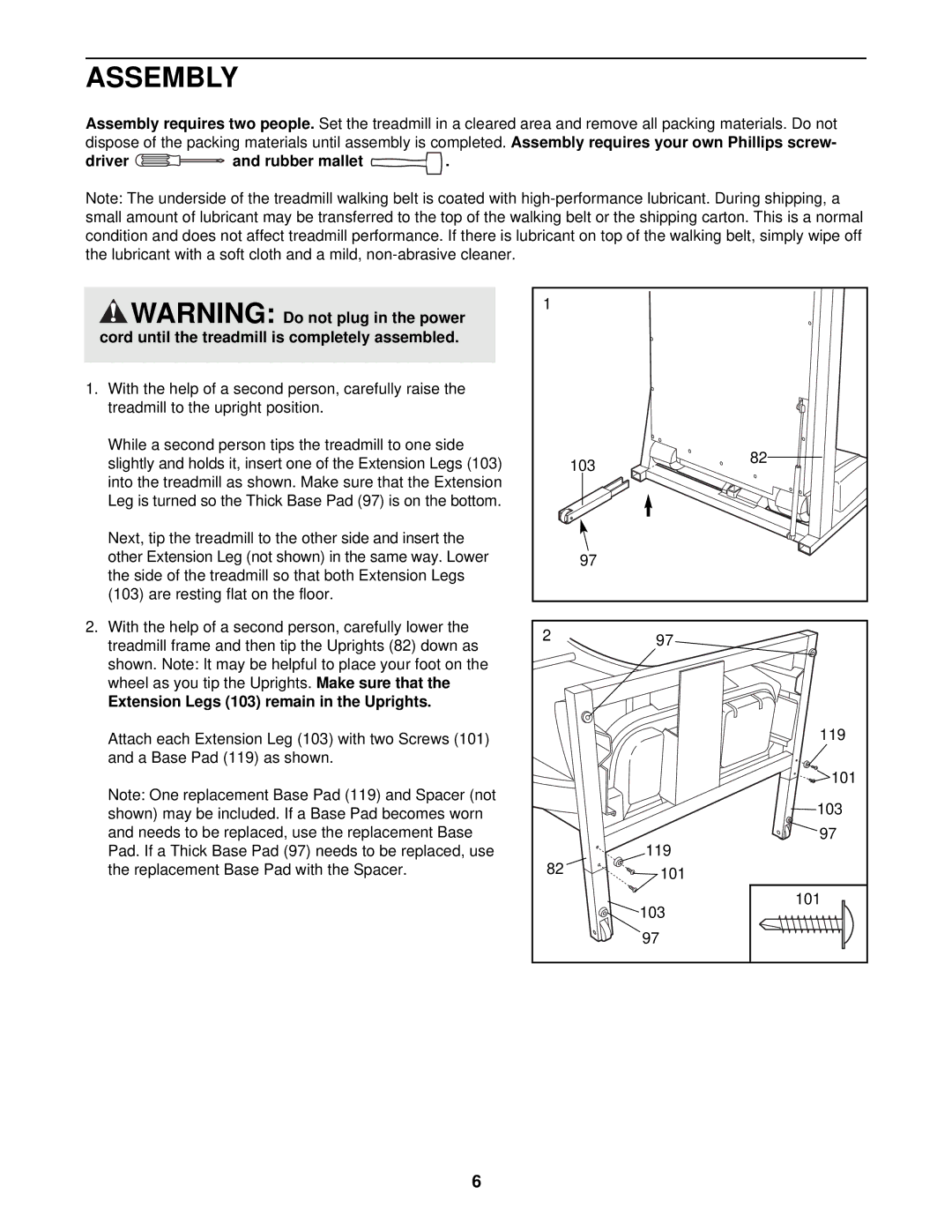 ProForm CR 610 user manual Assembly, Driver and rubber mallet, Extension Legs 103 remain in the Uprights 