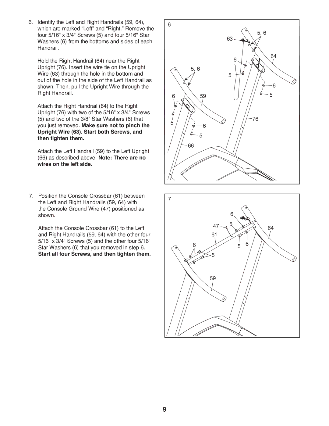 ProForm Crosswalk 397 user manual Upright Wire 63. Start both Screws, and then tighten them 