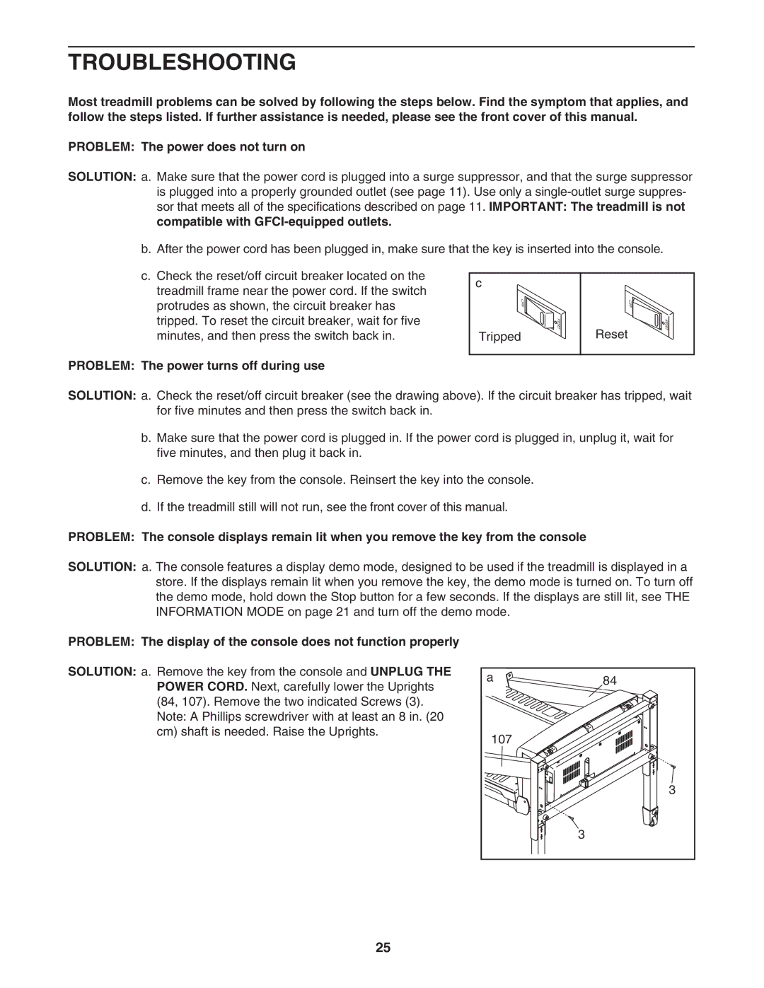 ProForm crosswalk 500 user manual Troubleshooting, Problem The power turns off during use 