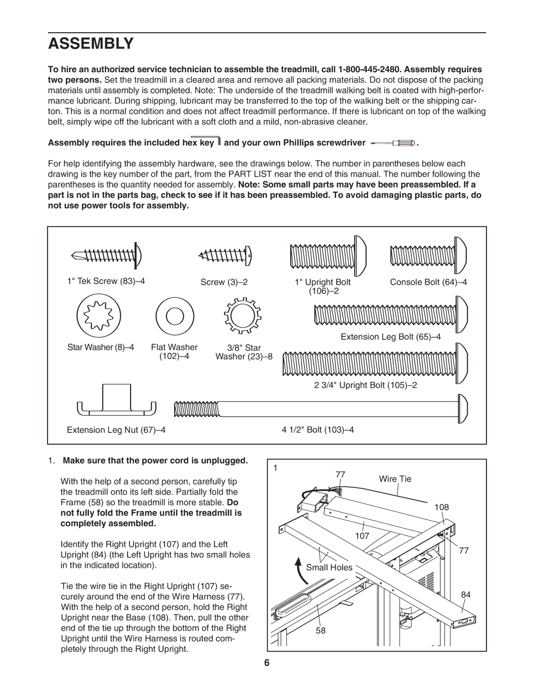 ProForm crosswalk 500 user manual Assembly, Make sure that the power cord is unplugged 