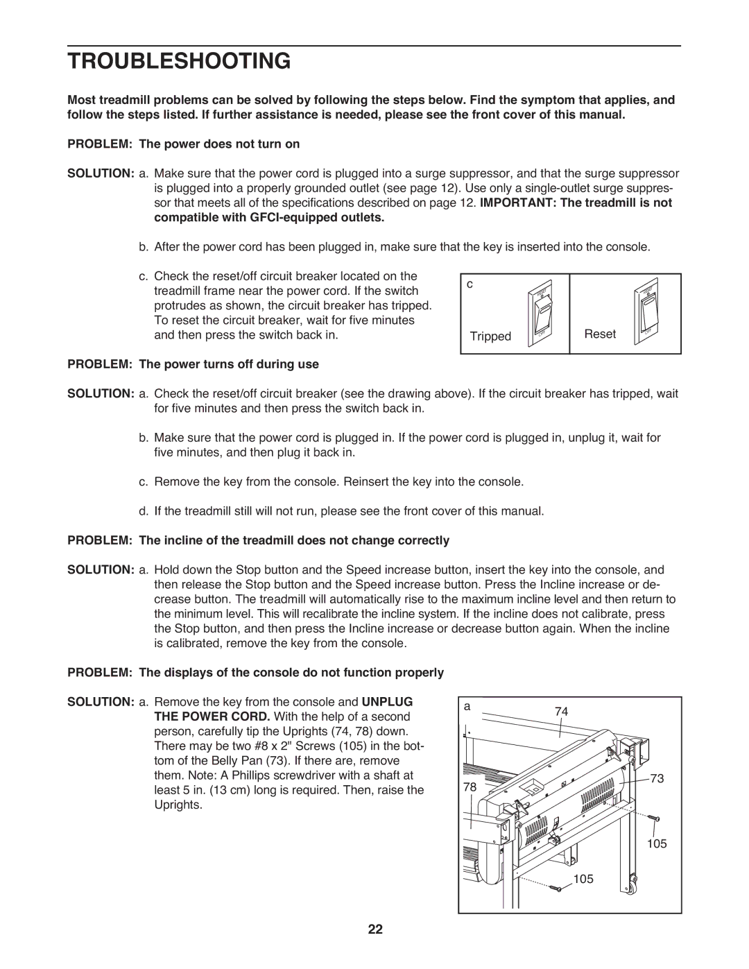 ProForm CS user manual Troubleshooting, Compatible with GFCI-equipped outlets, Problem The power turns off during use 