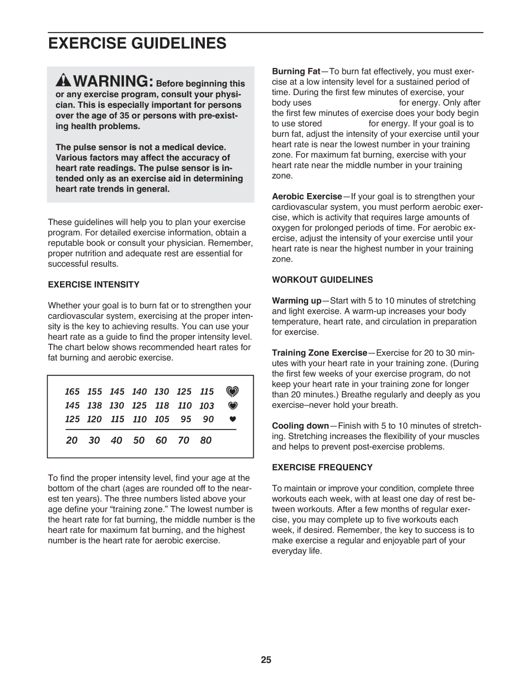 ProForm CS user manual Exercise Guidelines, Exercise Intensity, Workout Guidelines, Exercise Frequency 