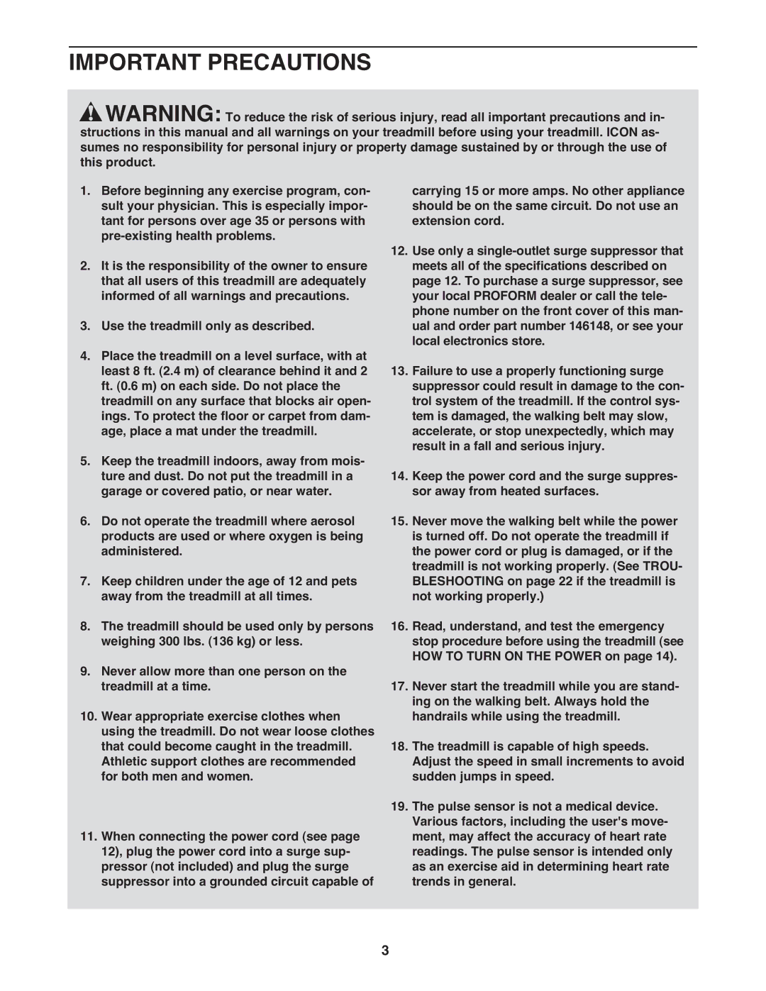 ProForm CS user manual Important Precautions, Pulse sensor is not a medical device 