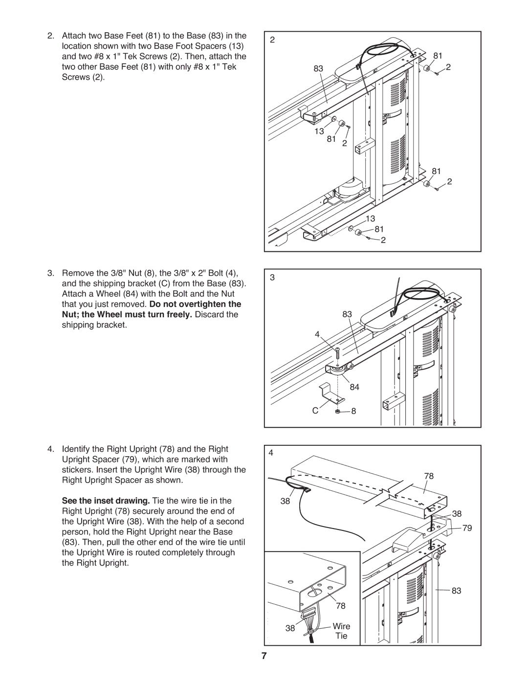 ProForm CS user manual Nut the Wheel must turn freely. Discard, See the inset drawing. Tie the wire tie 