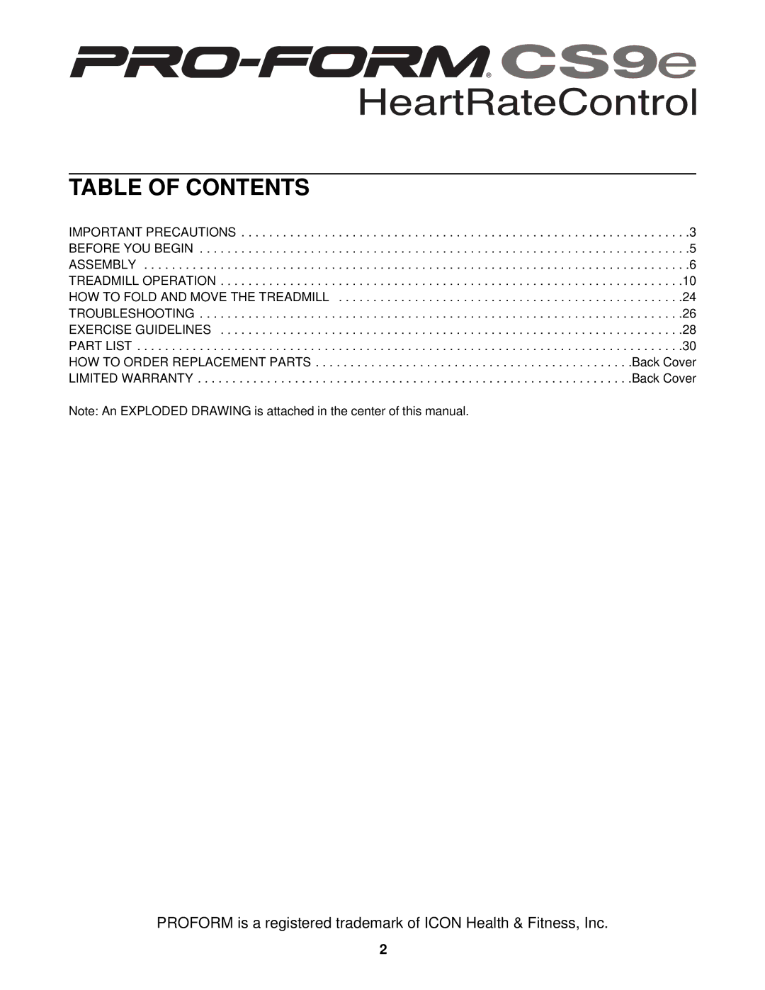 ProForm CS9e user manual Table of Contents 