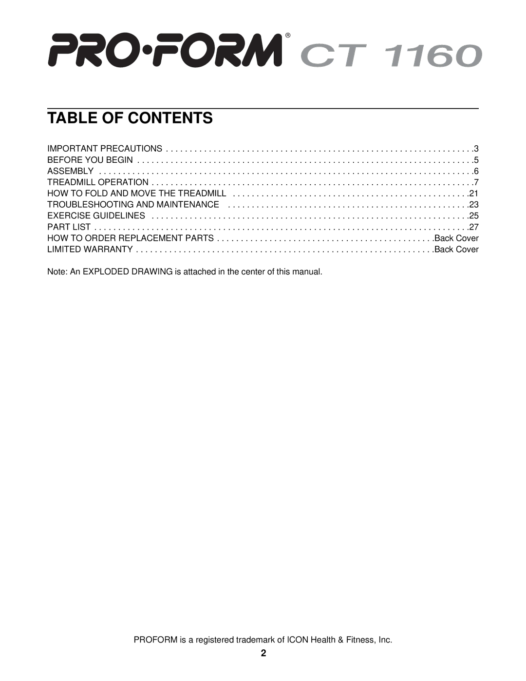 ProForm CT 1160 user manual Table of Contents 