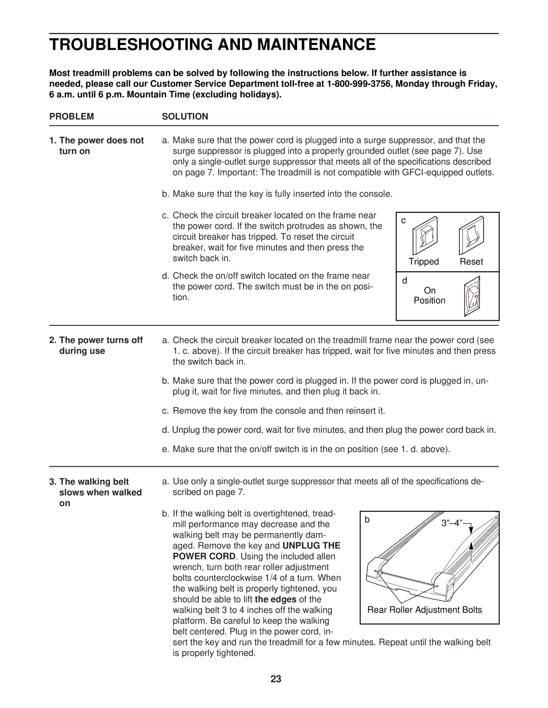 ProForm CT 1160 Troubleshooting and Maintenance, Problemsolution, Power does not turn on, Power turns off during use 