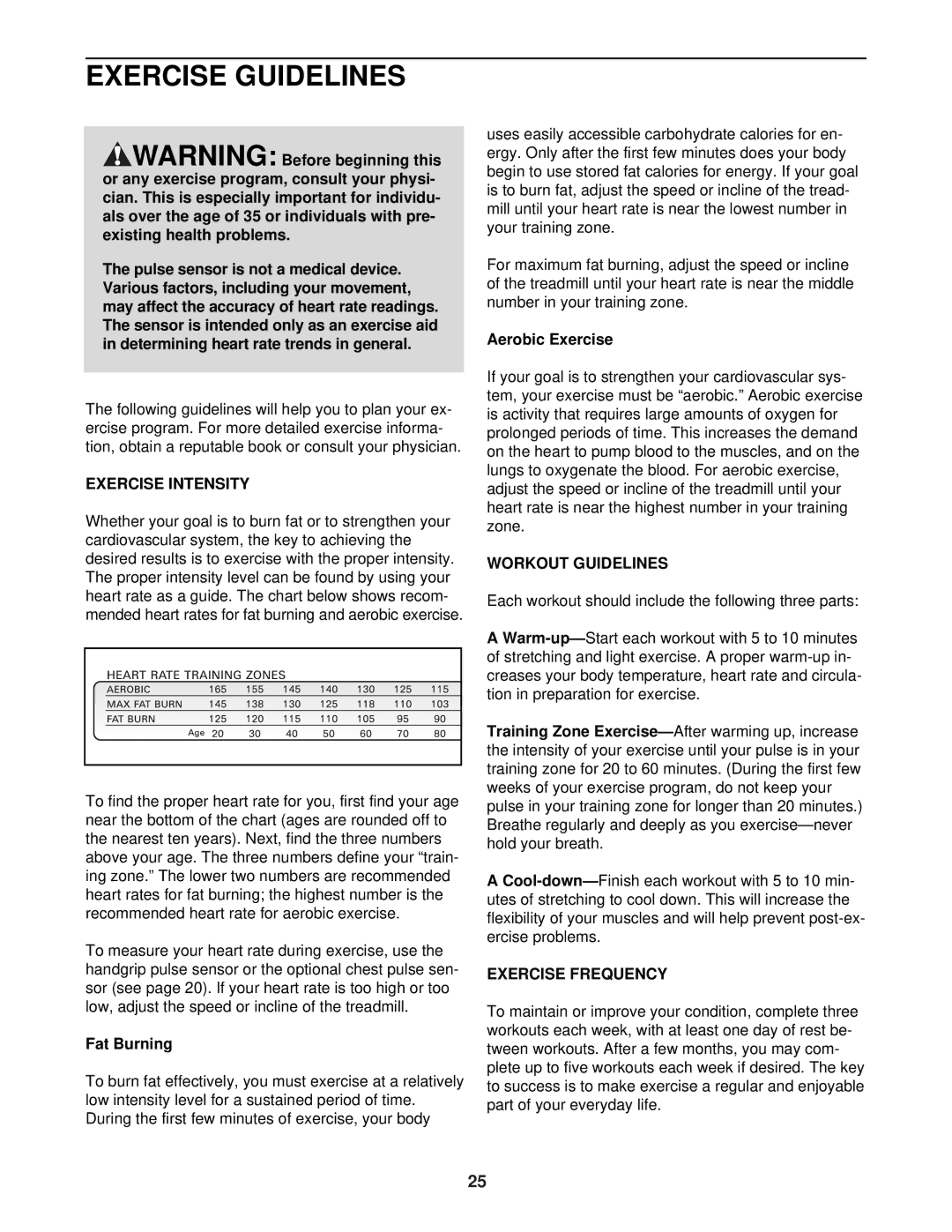 ProForm CT 1160 user manual Exercise Guidelines, Exercise Intensity, Workout Guidelines, Exercise Frequency 