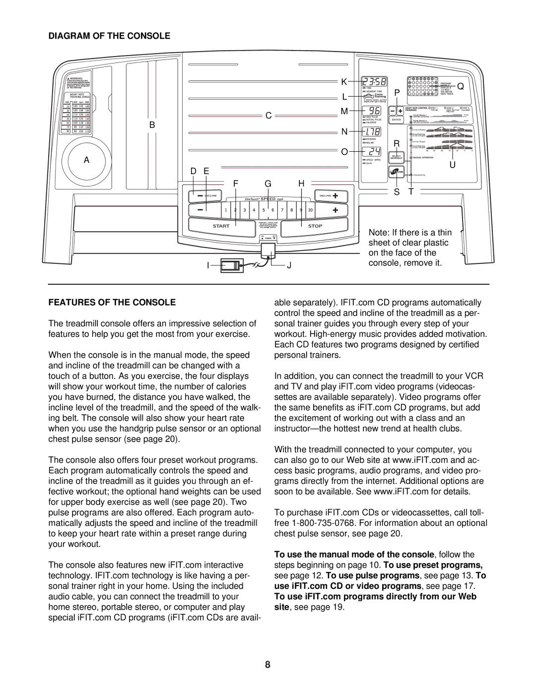 ProForm CT 1160 user manual Diagram of the Console, Features of the Console 