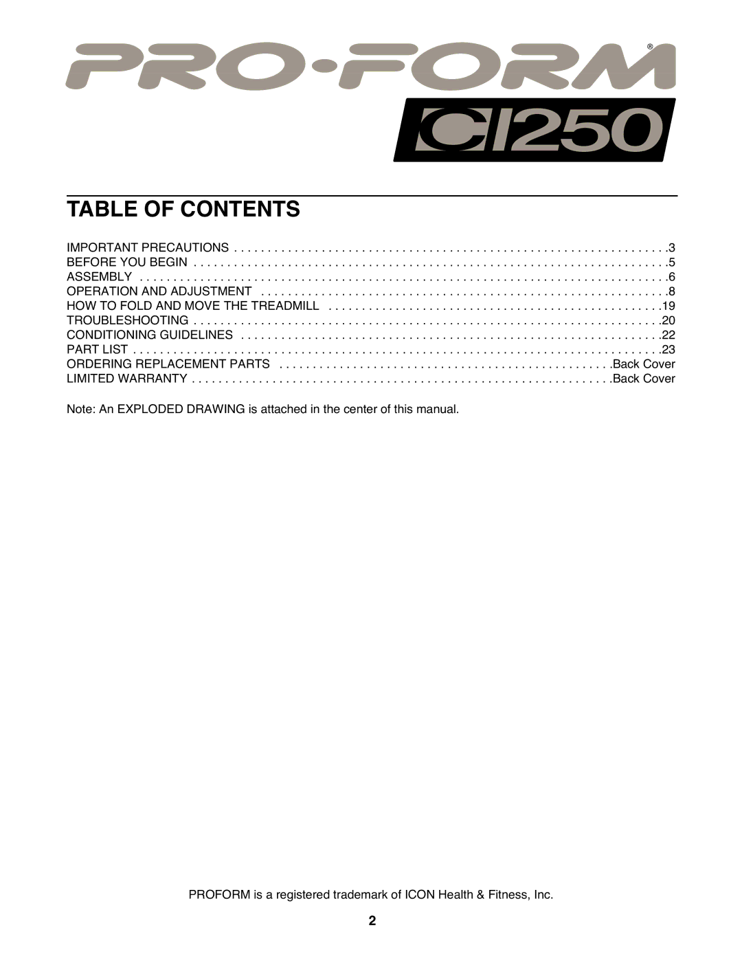 ProForm DRTL11720 user manual Table of Contents 