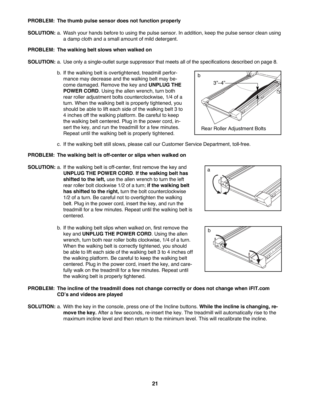 ProForm DRTL11720 Problem The thumb pulse sensor does not function properly, Problem The walking belt slows when walked on 