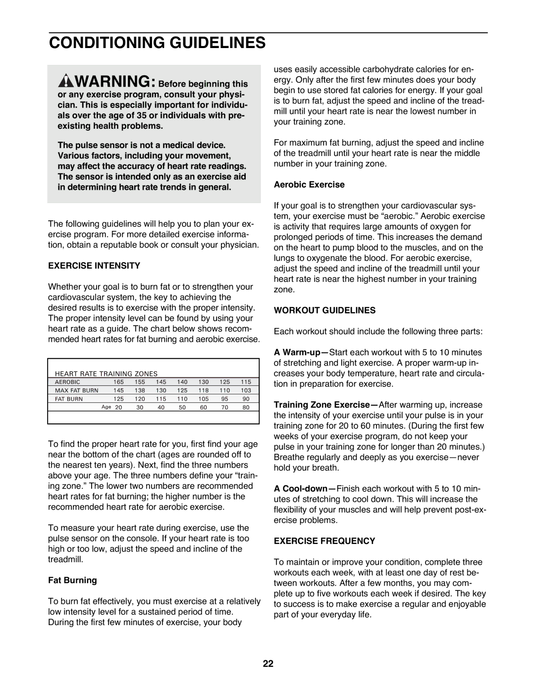 ProForm DRTL11720 user manual Conditioning Guidelines, Exercise Intensity, Workout Guidelines, Exercise Frequency 