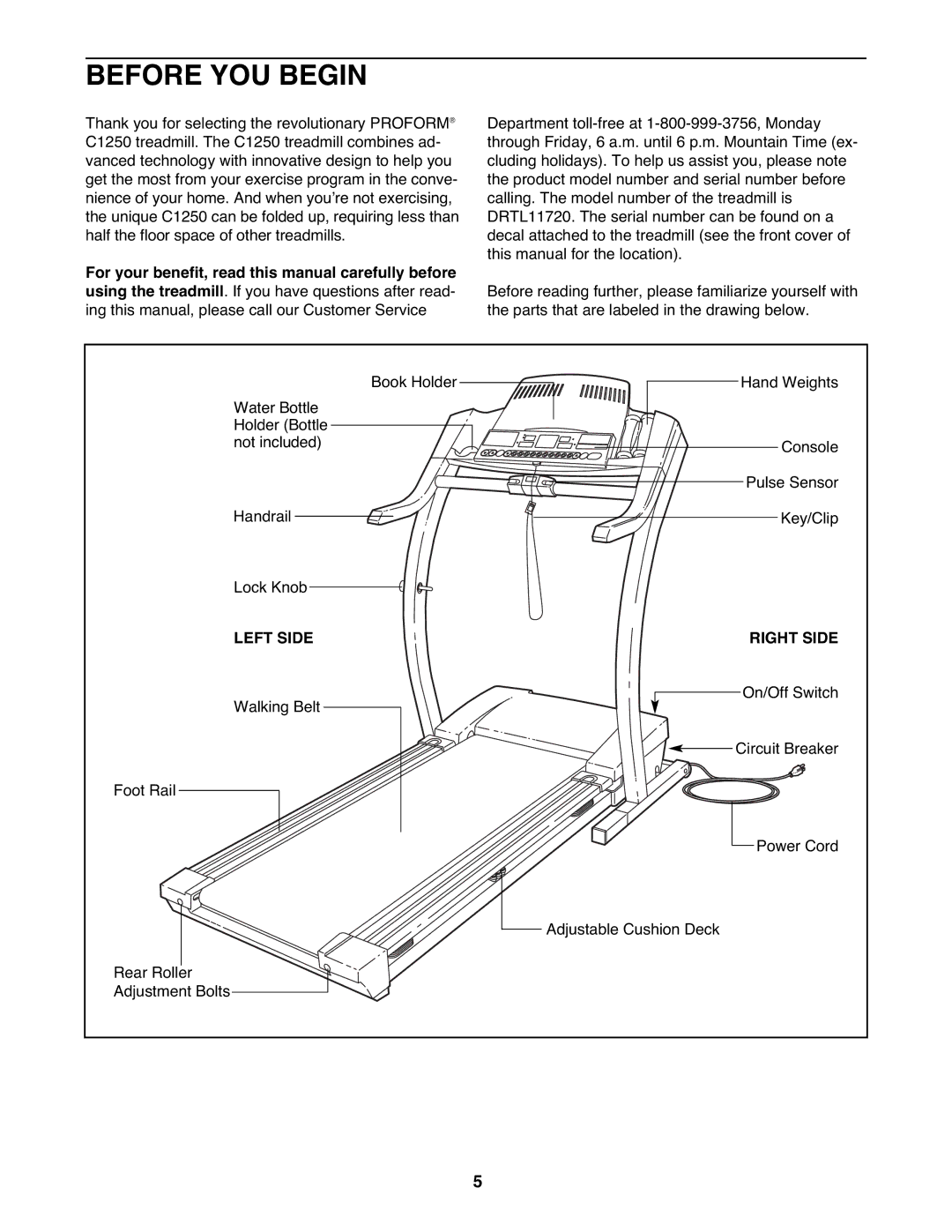 ProForm DRTL11720 user manual Before YOU Begin, Left Side Right Side 