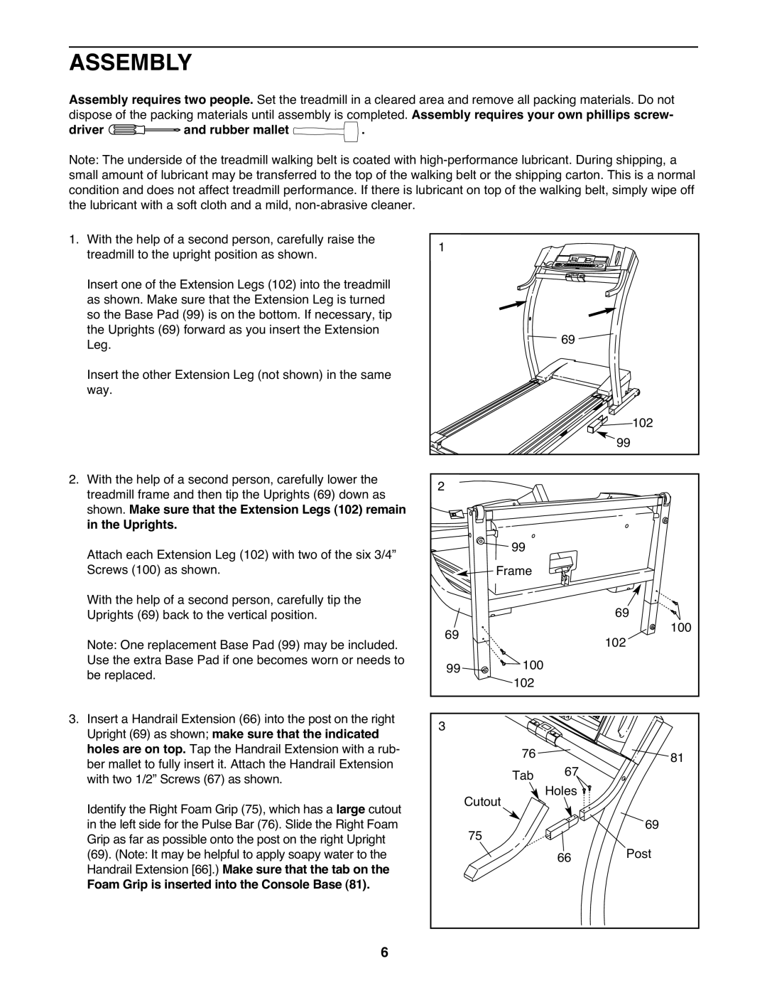 ProForm DRTL11720 user manual Assembly, Driver and rubber mallet, Upright 69 as shown make sure that the indicated 