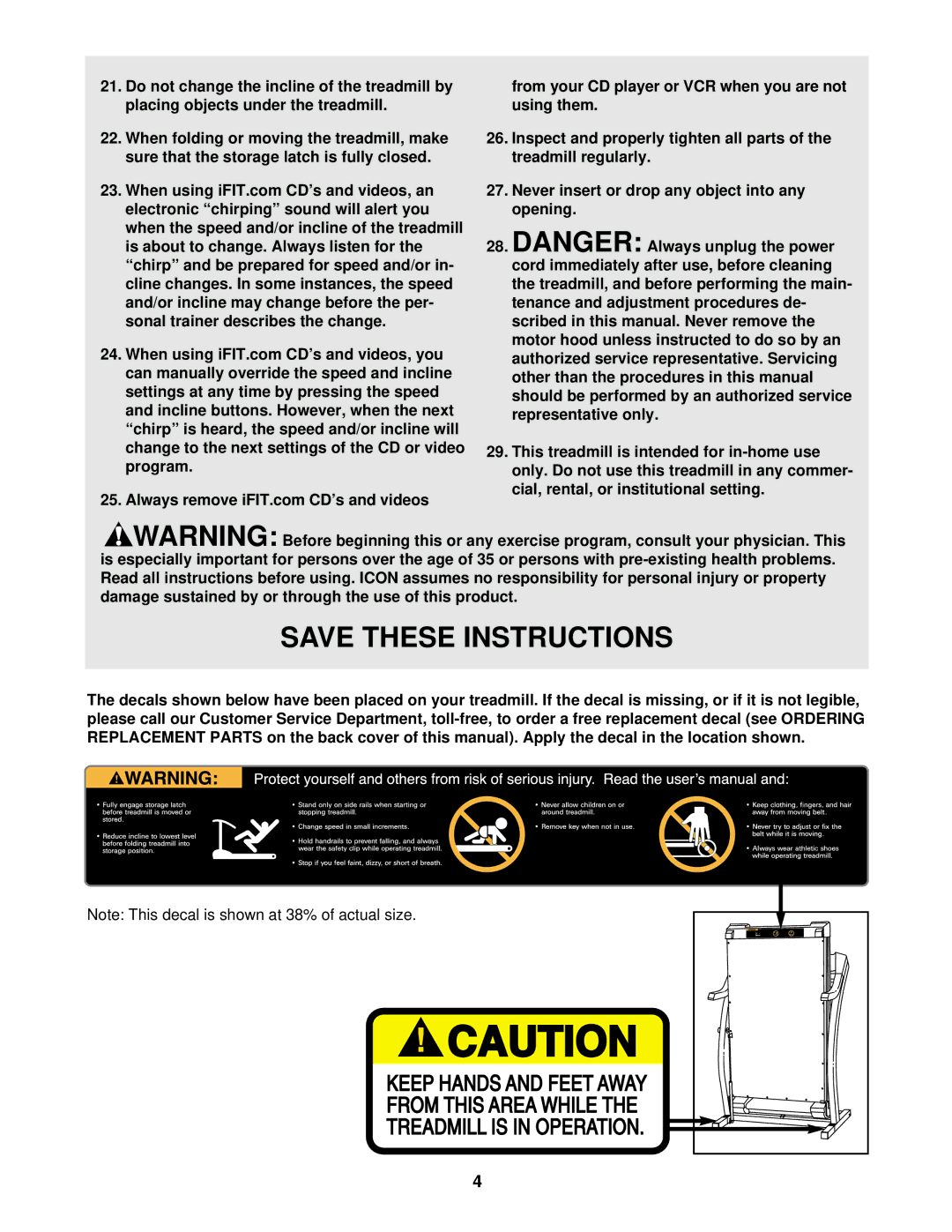 ProForm DRTL13720 user manual Never insert or drop any object into any opening, This treadmill is intended for in-home use 