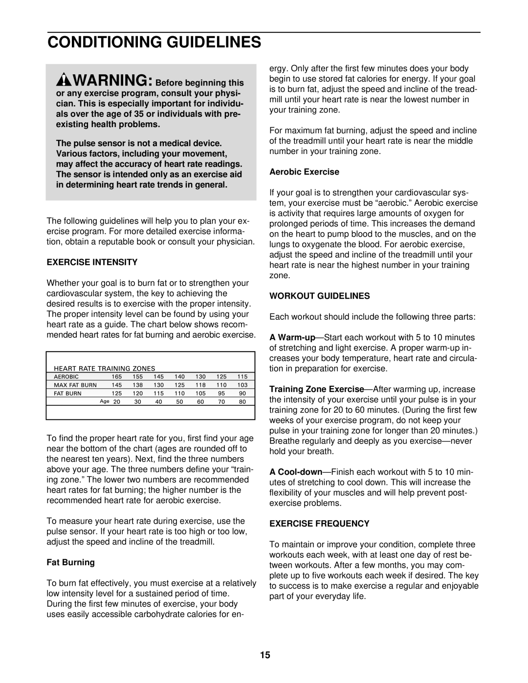 ProForm DRTL39221 user manual Conditioning Guidelines, Exercise Intensity, Workout Guidelines, Exercise Frequency 