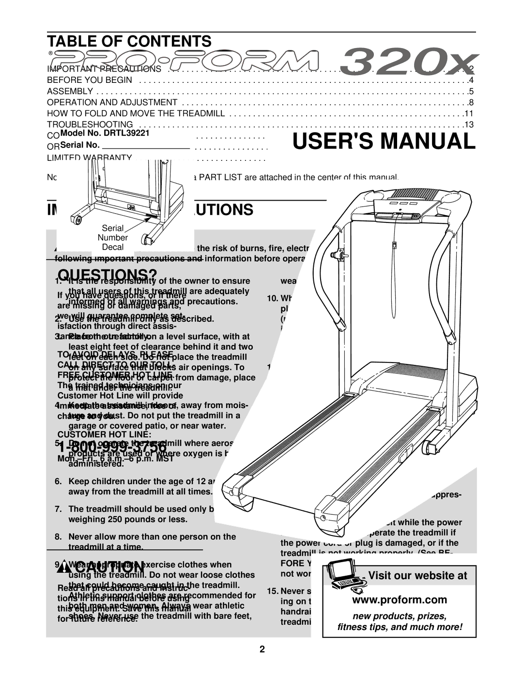 ProForm DRTL39221 user manual Table of Contents, Important Precautions 