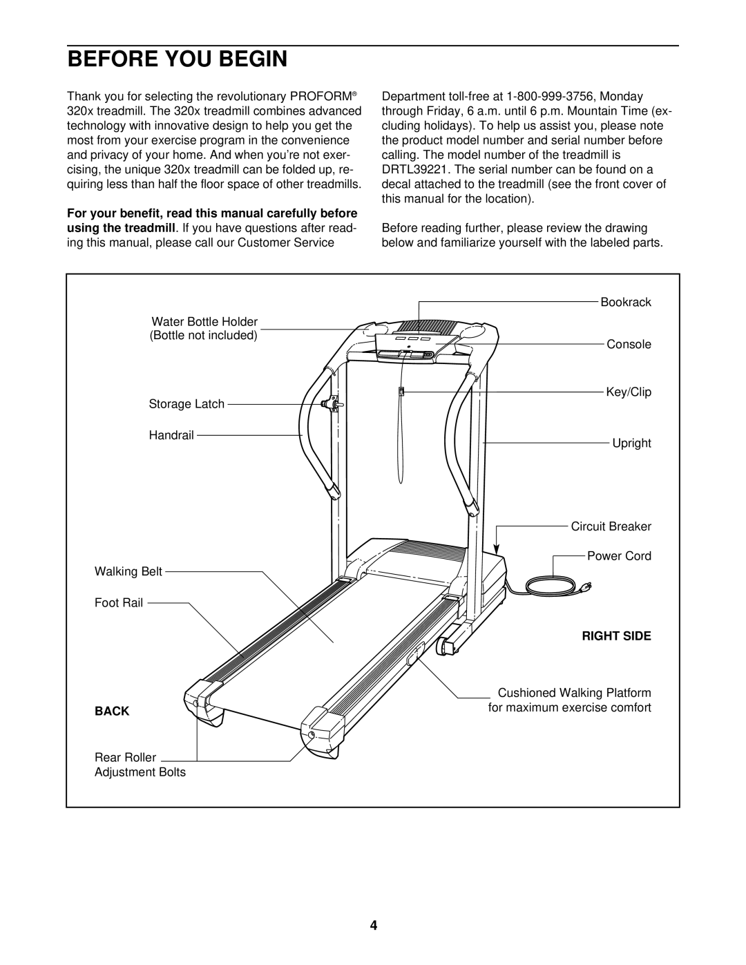 ProForm DRTL39221 user manual Before YOU Begin, Right Side, Back 