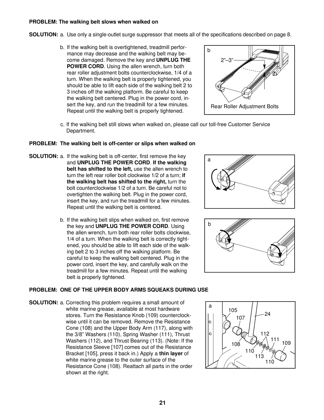 ProForm DRTL49220 Problem The walking belt slows when walked on, Problem ONE of the Upper Body Arms Squeaks During USE 