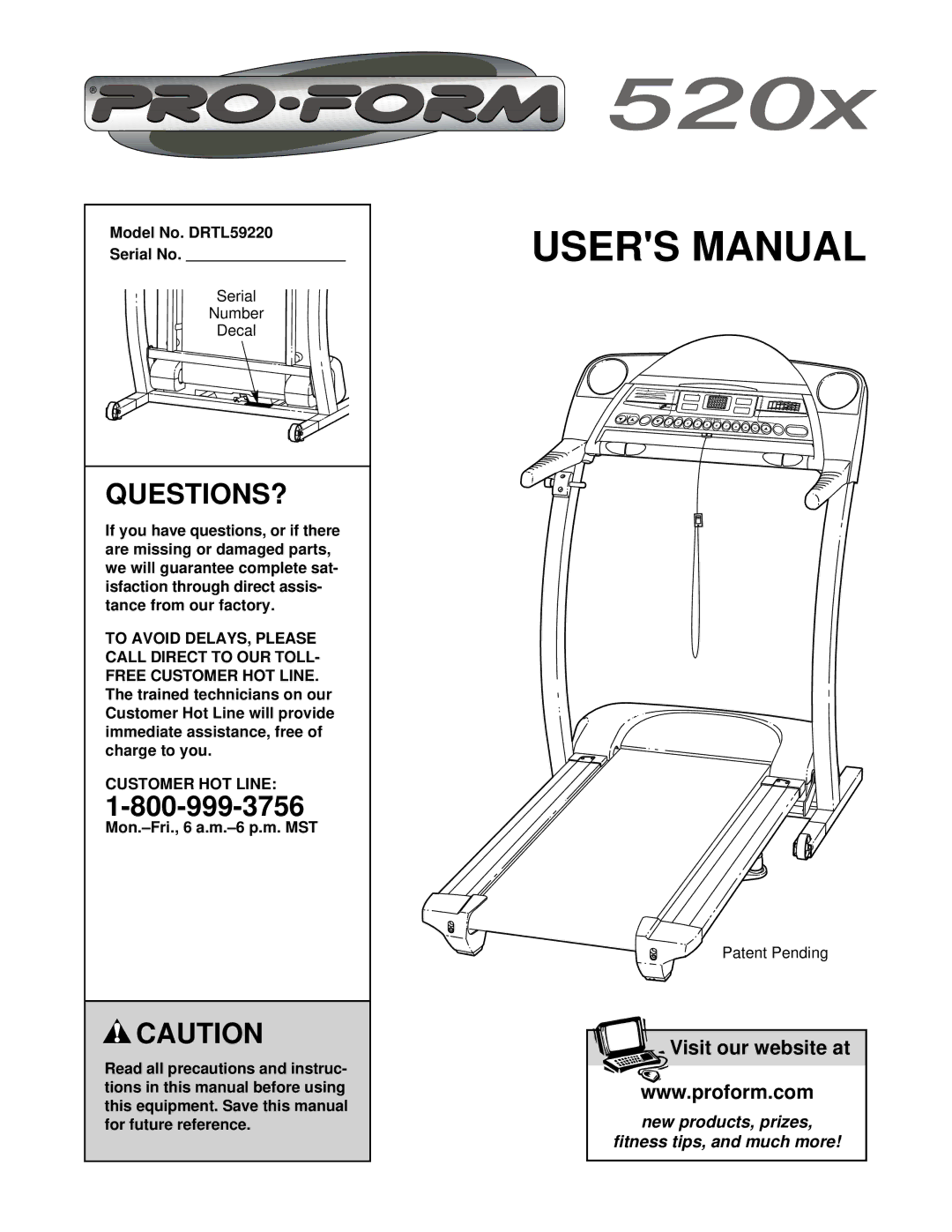 ProForm user manual Questions?, Model No. DRTL59220 Serial No, Customer HOT Line 