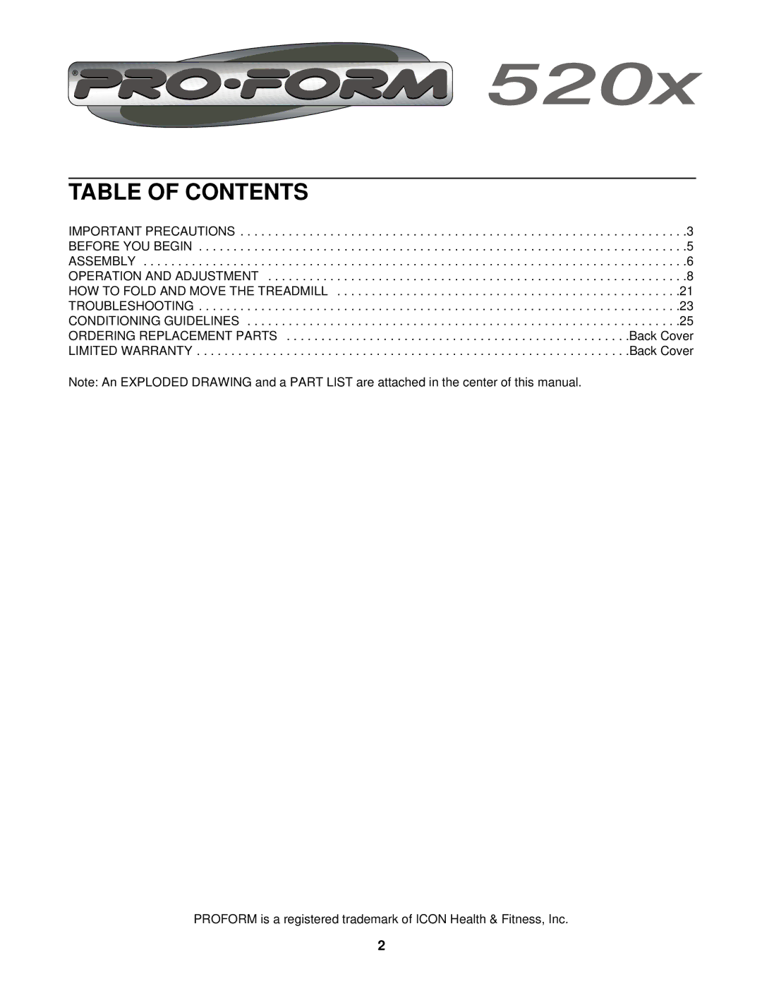 ProForm DRTL59220 user manual Table of Contents 