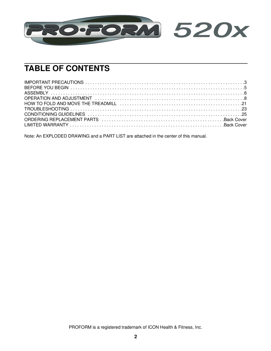 ProForm DRTL59222 user manual Table of Contents 