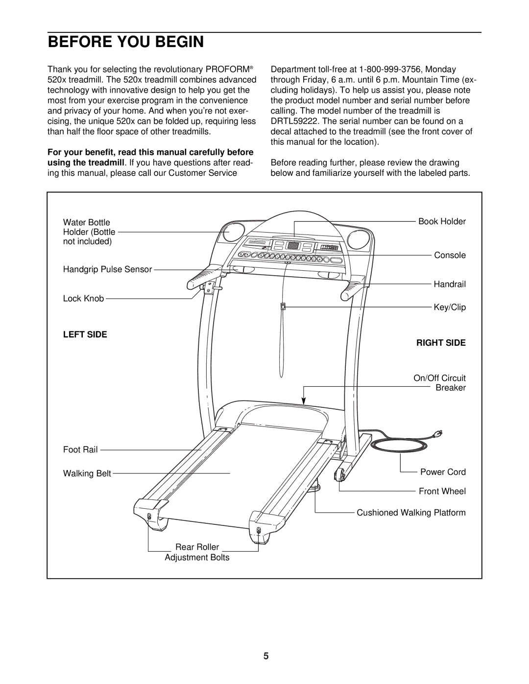 ProForm DRTL59222 user manual Before YOU Begin, Using the treadmill, Left Side 