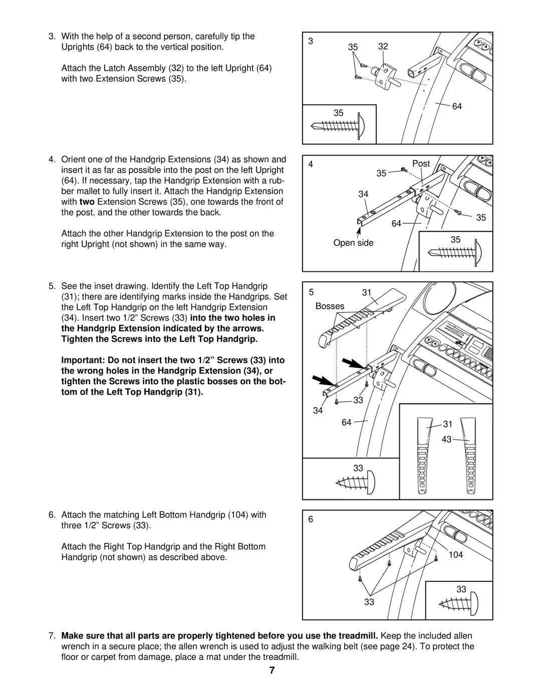 ProForm DRTL59222 user manual Insert two 1/2 Screws, Tom of the Left Top Handgrip, Post, Bosses 104 